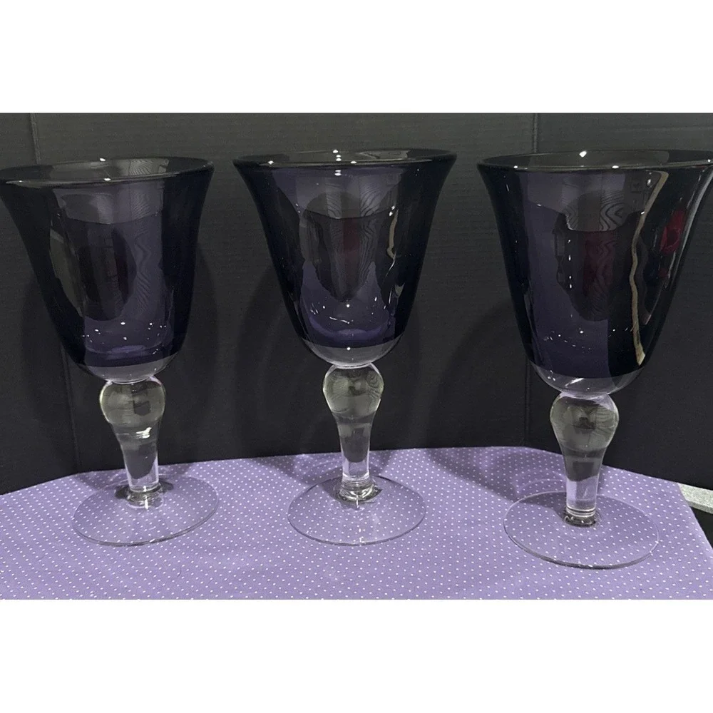 Artland Iris Plum Purple Wine Water Glasses‎ Hand Blown Goblets Set of 3